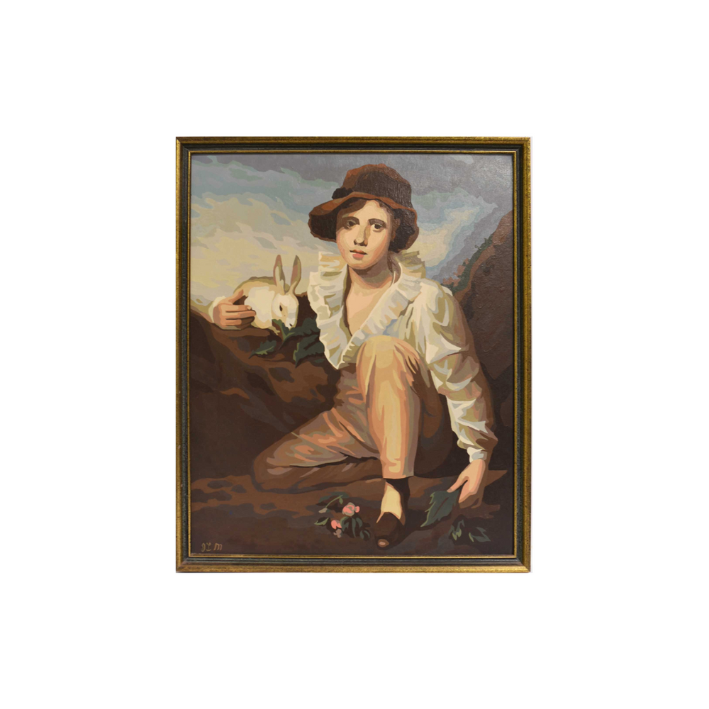 Mid Century Oil on Canvas Boy and Rabbit Reproduction of Original by Sir Henry Raeburn 1814