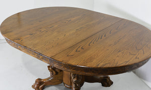 Victorian R. J. Horner and Co. Oak Pedestal Carved Lion Head Dining Table Single Leaf