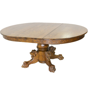 Victorian R. J. Horner and Co. Oak Pedestal Carved Lion Head Dining Table Single Leaf