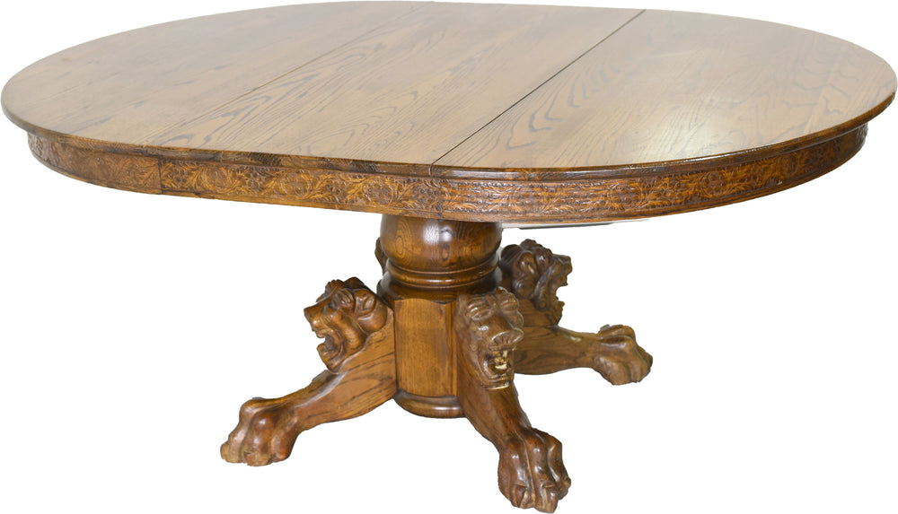 Victorian R. J. Horner and Co. Oak Pedestal Carved Lion Head Dining Table Single Leaf