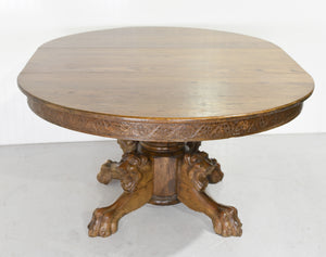 Victorian R. J. Horner and Co. Oak Pedestal Carved Lion Head Dining Table Single Leaf