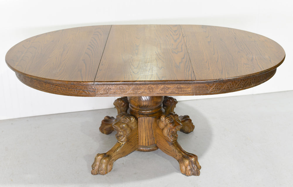 Victorian R. J. Horner and Co. Oak Pedestal Carved Lion Head Dining Table Single Leaf