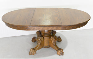 Victorian R. J. Horner and Co. Oak Pedestal Carved Lion Head Dining Table Single Leaf