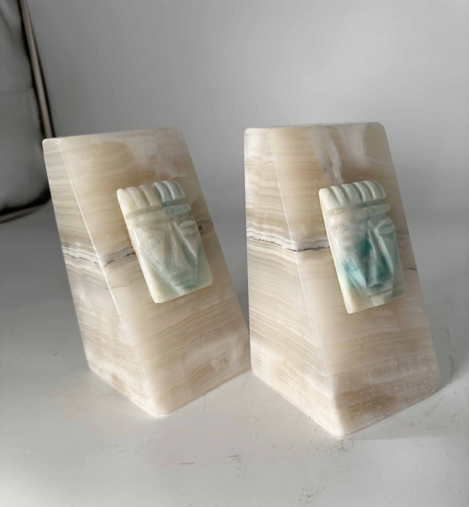 Vintage White Onyx Aztec Face Figurines Bookends - A Pair