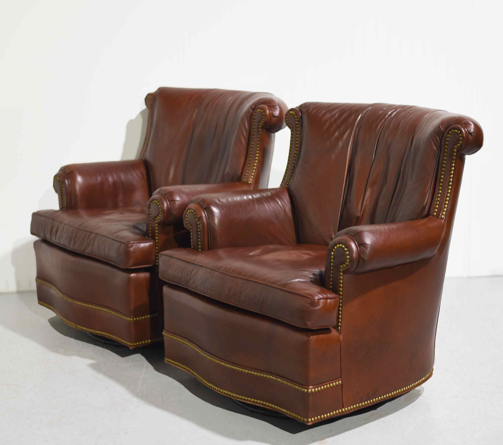 Vintage Brown Leather Swivel Library Chairs by Hancock and Moore - A Pair