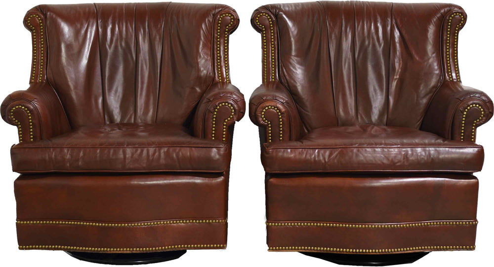 Vintage Brown Leather Swivel Library Chairs by Hancock and Moore - A Pair