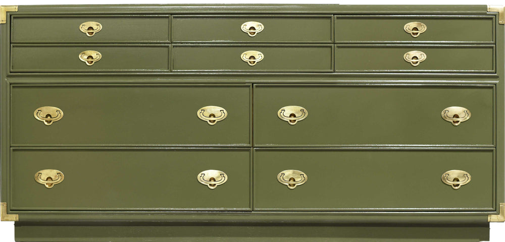 Vintage Campaign 7 Drawer Dresser by Lexington Furniture in Olive Green - Newly Painted