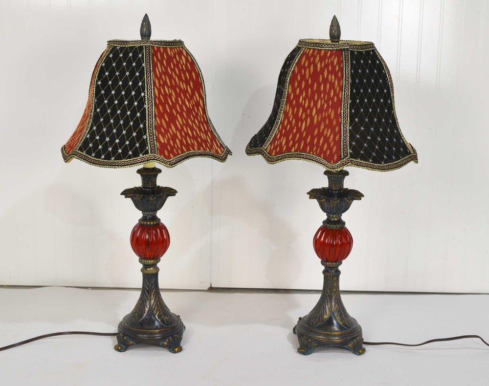 Mid Century Metal and Lucite Velvet Shades Table Lamps - a Pair