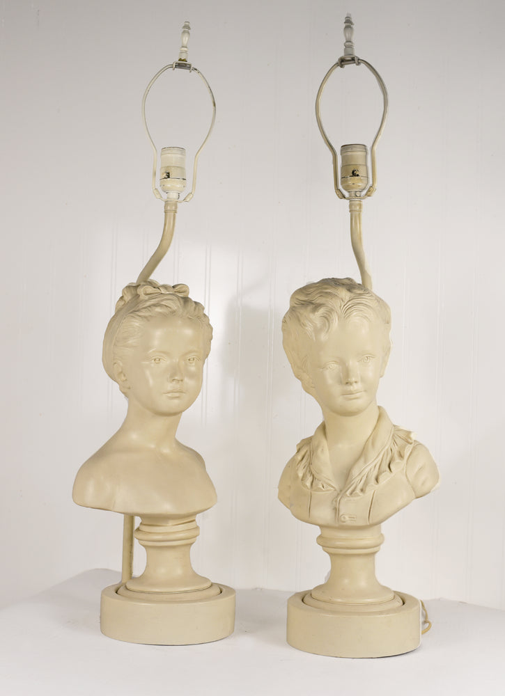 Vintage Cast Plaster Busts Louise & Alexandre Brongniart Lamps Reproductions - a Pair