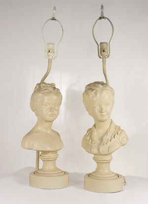 Vintage Cast Plaster Busts Louise & Alexandre Brongniart Lamps Reproductions - a Pair