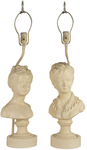 Vintage Cast Plaster Busts Louise & Alexandre Brongniart Lamps Reproductions - a Pair