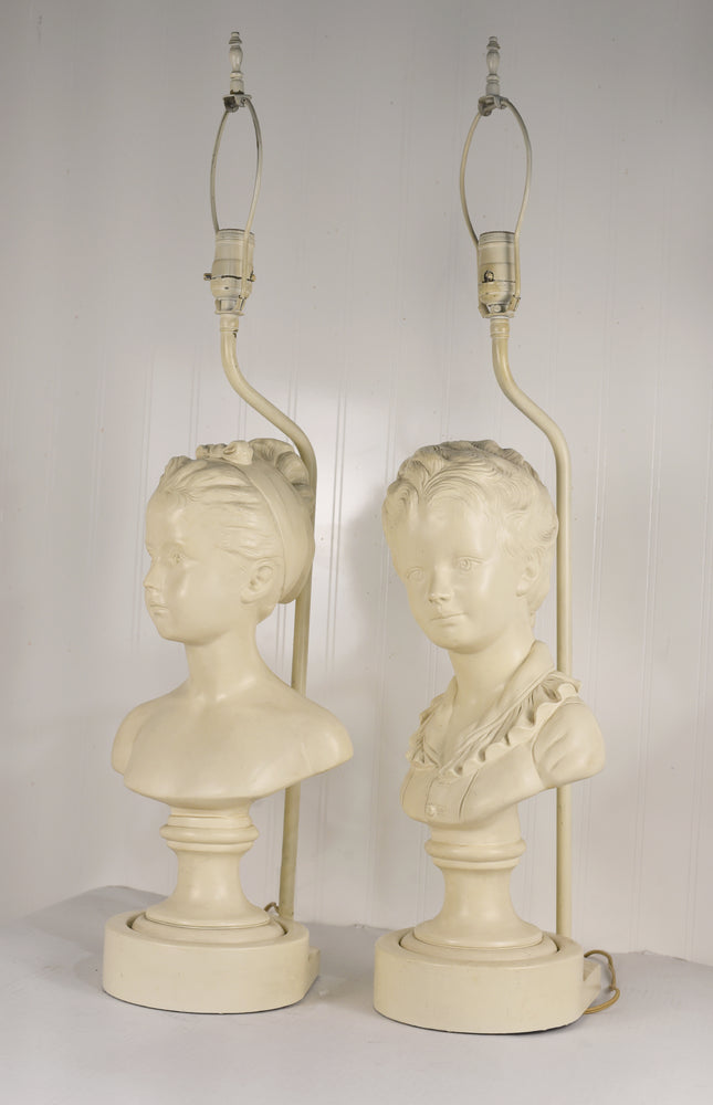 Vintage Cast Plaster Busts Louise & Alexandre Brongniart Lamps Reproductions - a Pair