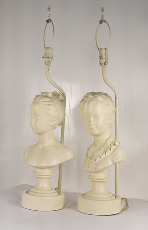 Vintage Cast Plaster Busts Louise & Alexandre Brongniart Lamps Reproductions - a Pair