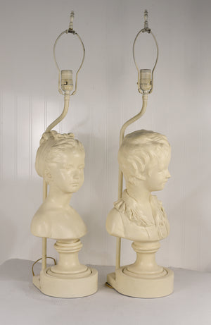 Vintage Cast Plaster Busts Louise & Alexandre Brongniart Lamps Reproductions - a Pair