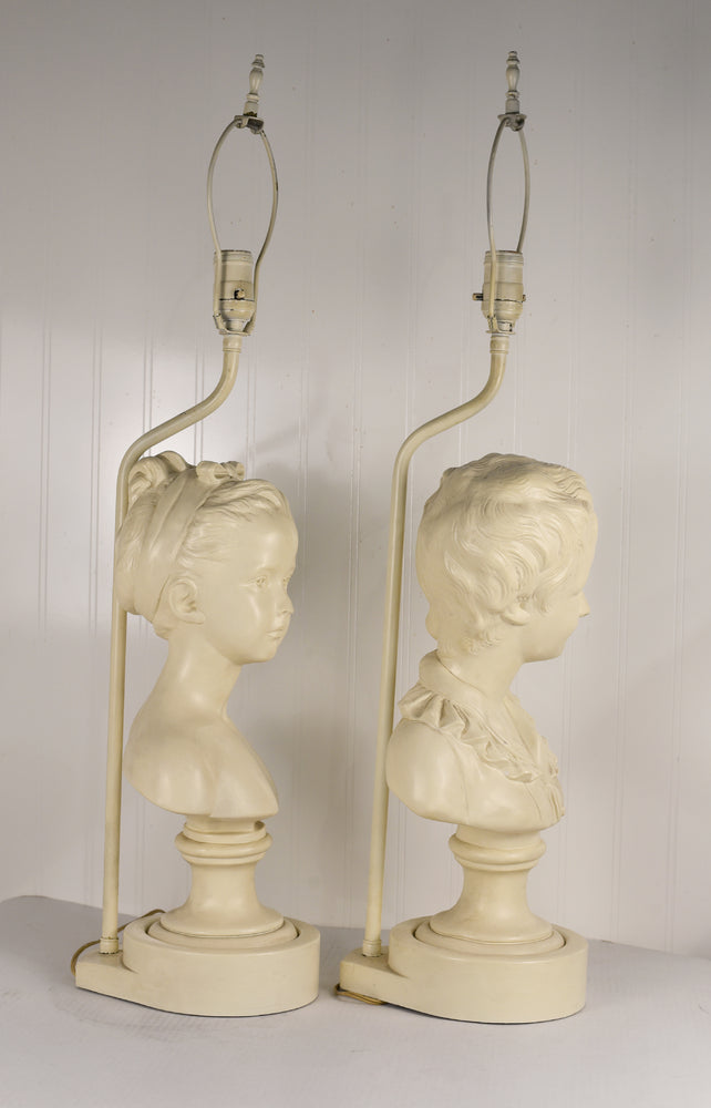 Vintage Cast Plaster Busts Louise & Alexandre Brongniart Lamps Reproductions - a Pair