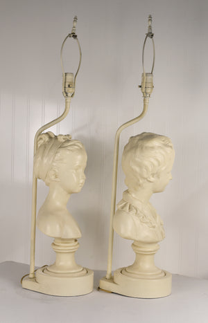 Vintage Cast Plaster Busts Louise & Alexandre Brongniart Lamps Reproductions - a Pair