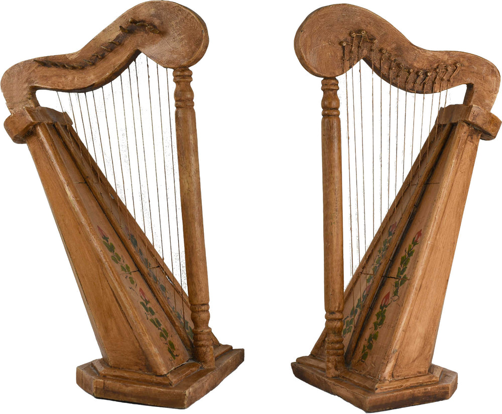 Vintage Celtic Irish Table Harp Carved Painted with floral decoration - A Pair