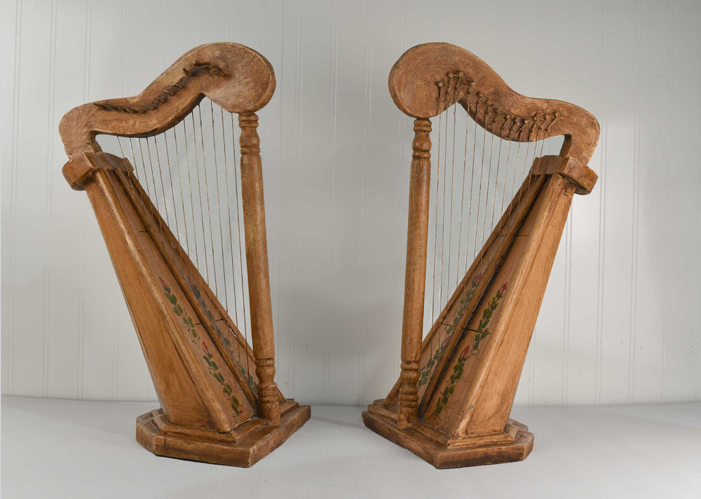 Vintage Celtic Irish Table Harp Carved Painted with floral decoration - A Pair