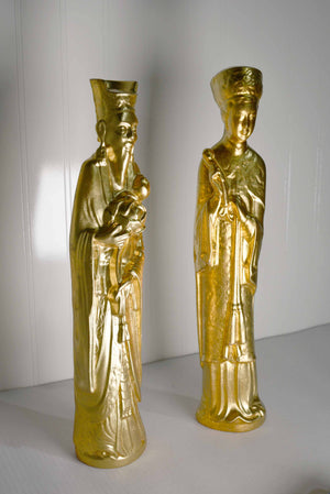 Vintage Chinese King and Queen Immortal Figurines in Gold - A Pair
