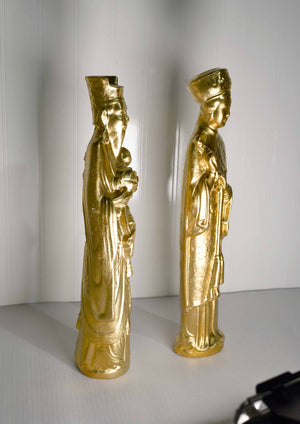 Vintage Chinese King and Queen Immortal Figurines in Gold - A Pair