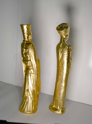 Vintage Chinese King and Queen Immortal Figurines in Gold - A Pair