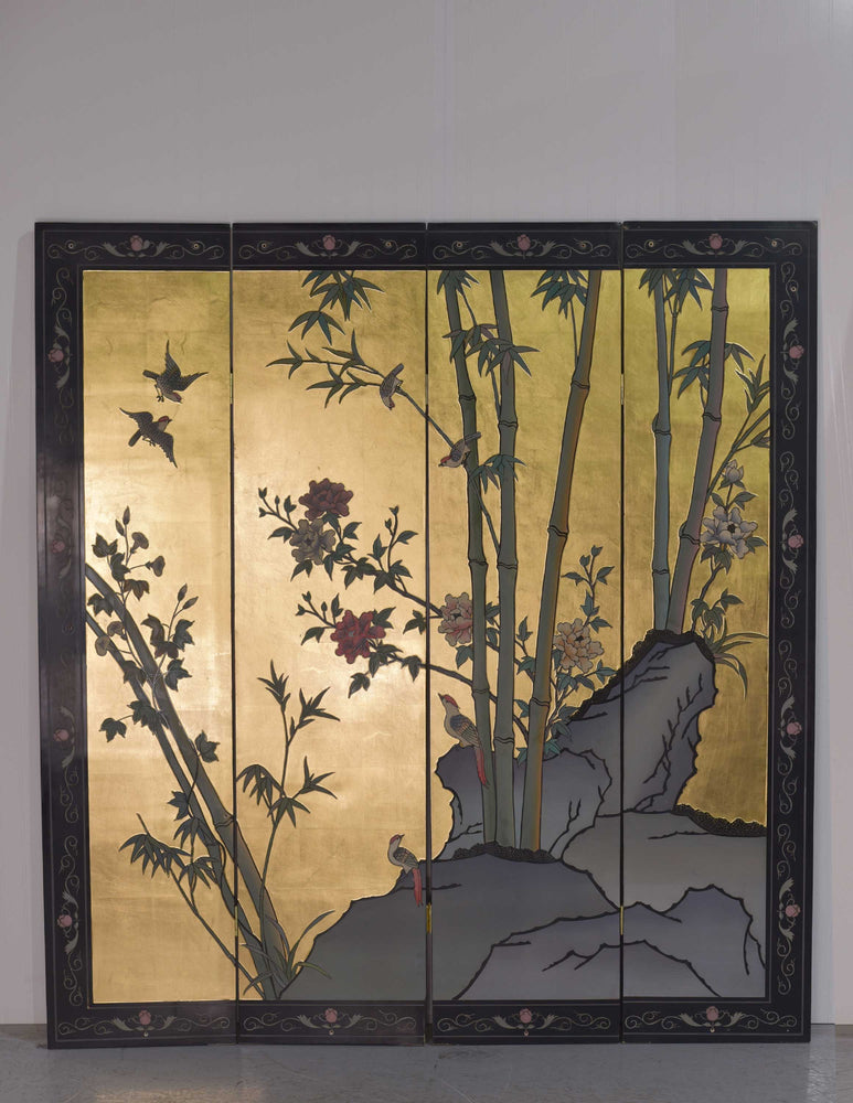 Vintage Chinoiserie Gold Leaf Lacquer 4-Leaf Room Divider Screen