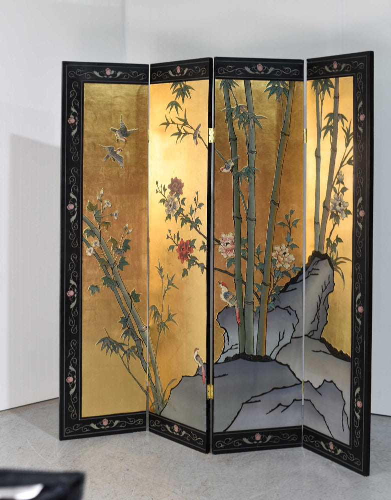 Vintage Chinoiserie Gold Leaf Lacquer 4-Leaf Room Divider Screen