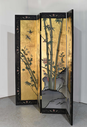 Vintage Chinoiserie Gold Leaf Lacquer 4-Leaf Room Divider Screen