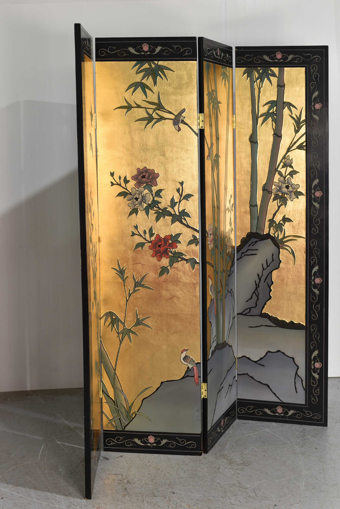 Vintage Chinoiserie Gold Leaf Lacquer 4-Leaf Room Divider Screen