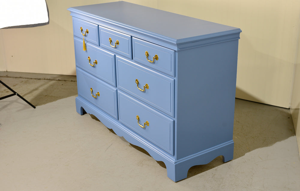 Vintage Chippendale Style 7 Drawer Dresser in Blue - Newly Painted