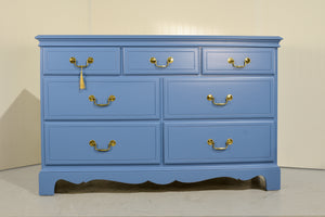 Vintage Chippendale Style 7 Drawer Dresser in Blue - Newly Painted