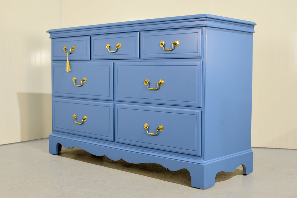 Vintage Chippendale Style 7 Drawer Dresser in Blue - Newly Painted