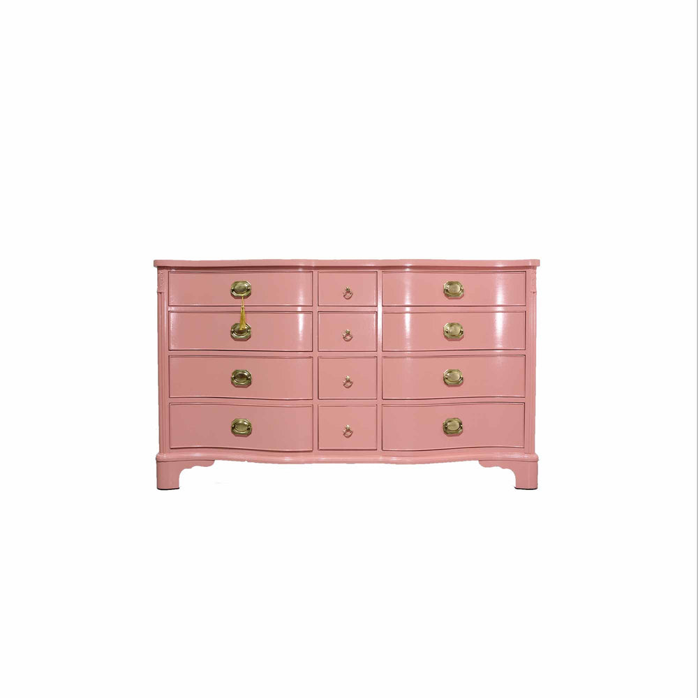 Vintage Federal Style Serpentine Front Mahogany Dresser in Pink by Morganton Furniture - Newly Painted