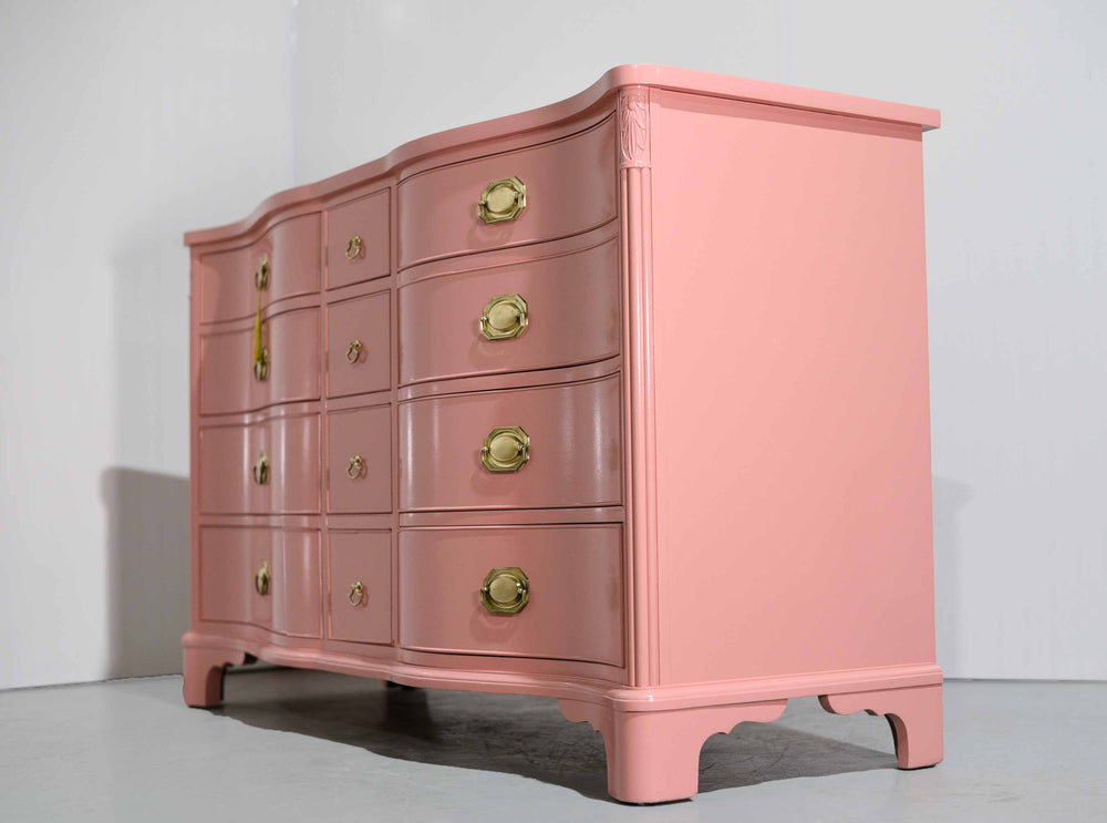 Vintage Federal Style Serpentine Front Mahogany Dresser in Pink by Morganton Furniture - Newly Painted