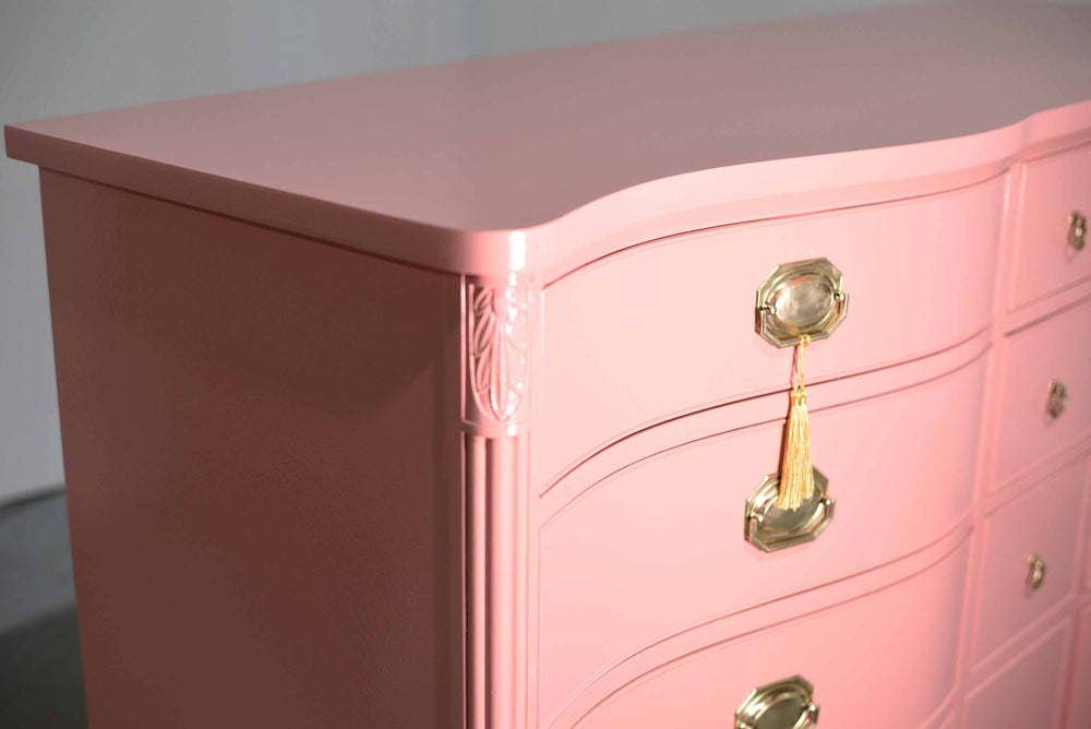 Vintage Federal Style Serpentine Front Mahogany Dresser in Pink by Morganton Furniture - Newly Painted