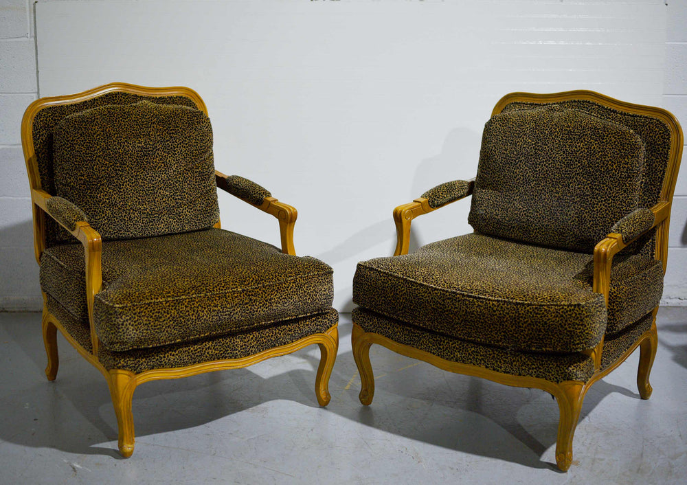 Vintage French Leopard Print Upholstery Bergere Chairs - A Pair