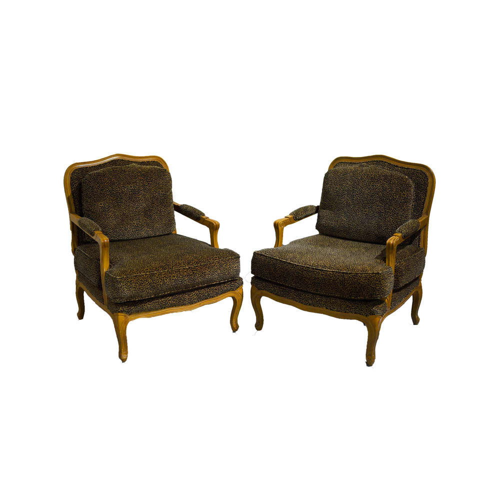 Vintage French Leopard Print Upholstery Bergere Chairs - A Pair