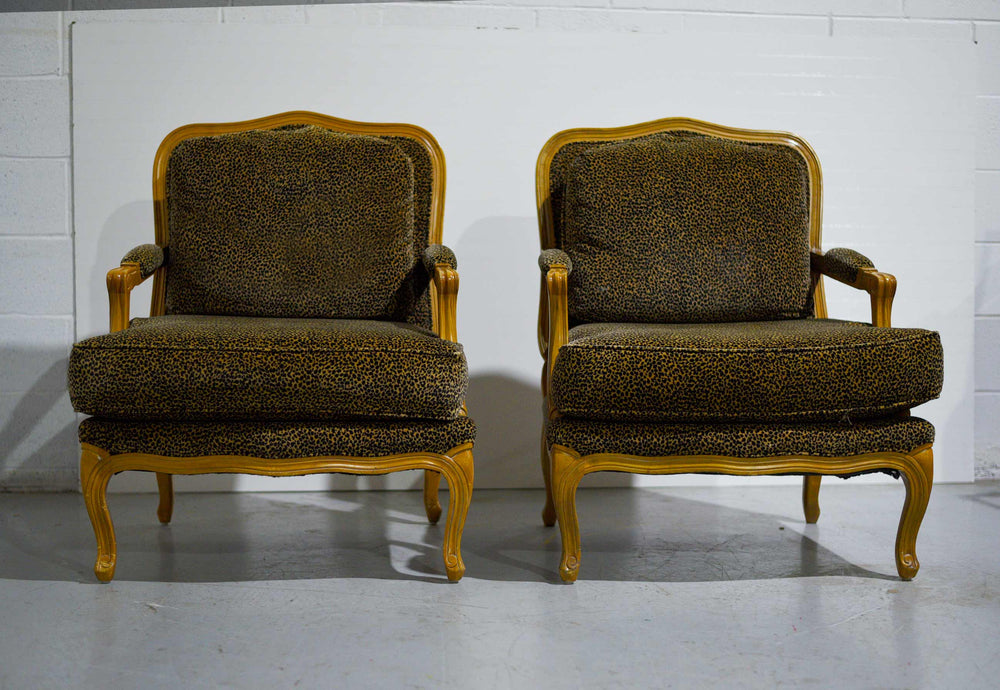 Vintage French Leopard Print Upholstery Bergere Chairs - A Pair