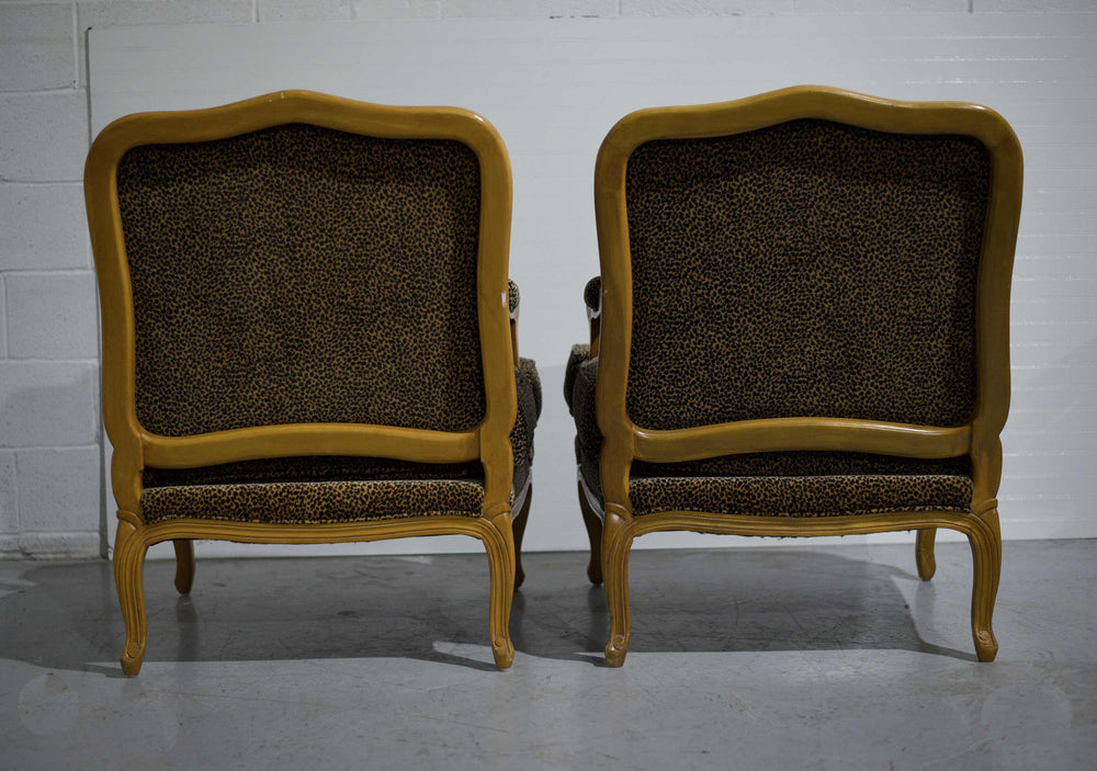 Vintage French Leopard Print Upholstery Bergere Chairs - A Pair