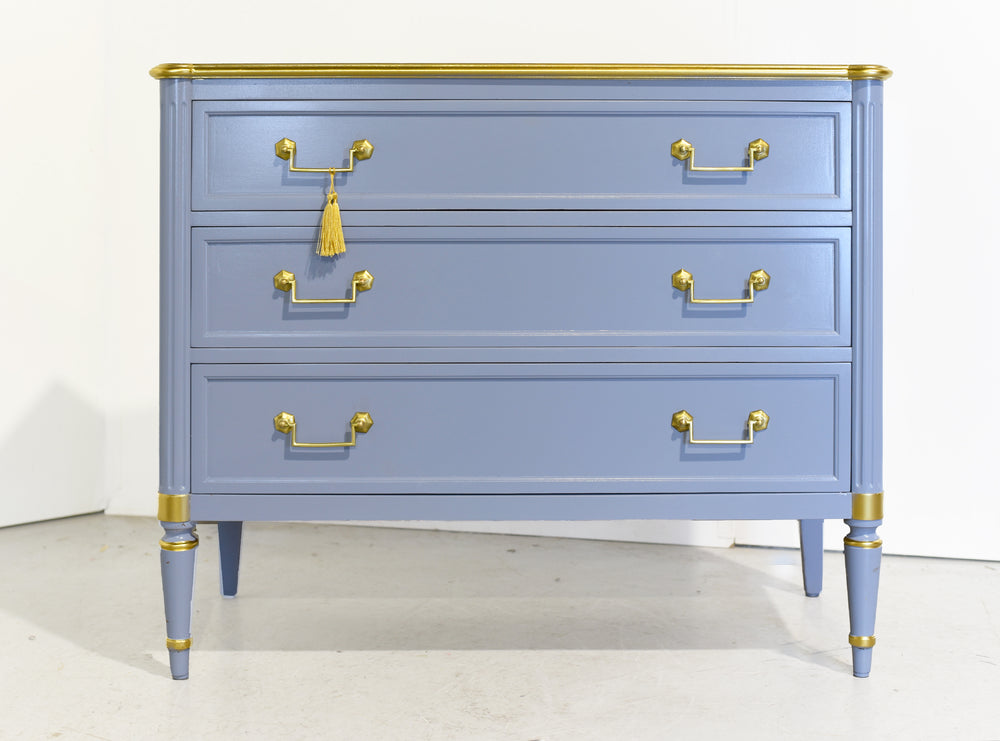 Vintage French Louis XVI Style Commode in Blue and Gold by John Widdecomb - Newly Painted