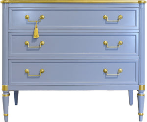 Vintage French Louis XVI Style Commode in Blue and Gold by John Widdecomb - Newly Painted