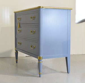 Vintage French Louis XVI Style Commode in Blue and Gold by John Widdecomb - Newly Painted