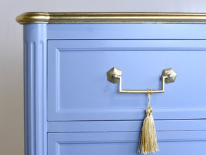 Vintage French Louis XVI Style Commode in Blue and Gold by John Widdecomb - Newly Painted