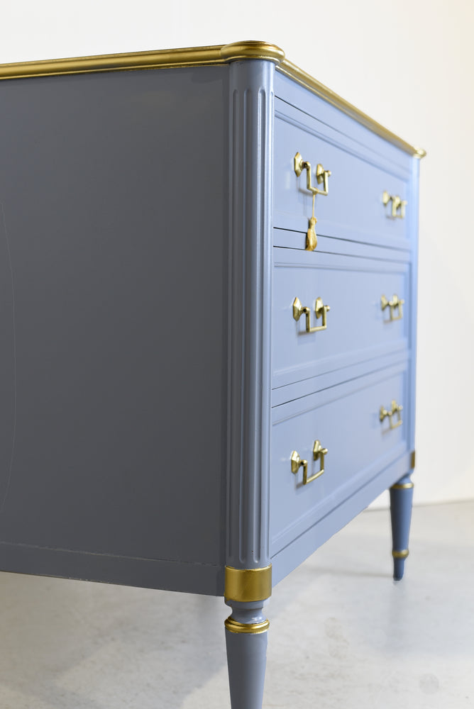 Vintage French Louis XVI Style Commode in Blue and Gold by John Widdecomb - Newly Painted
