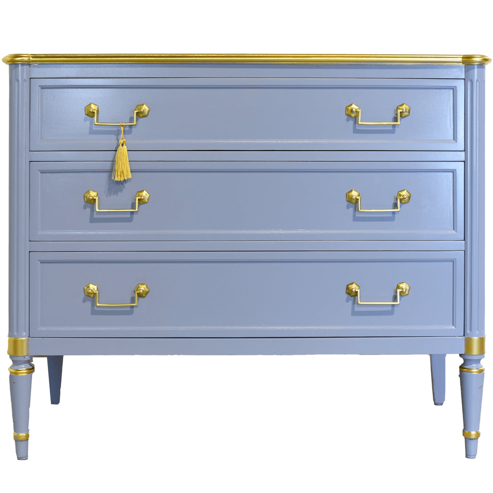Vintage French Louis XVI Style Commode in Blue and Gold by John Widdecomb - Newly Painted