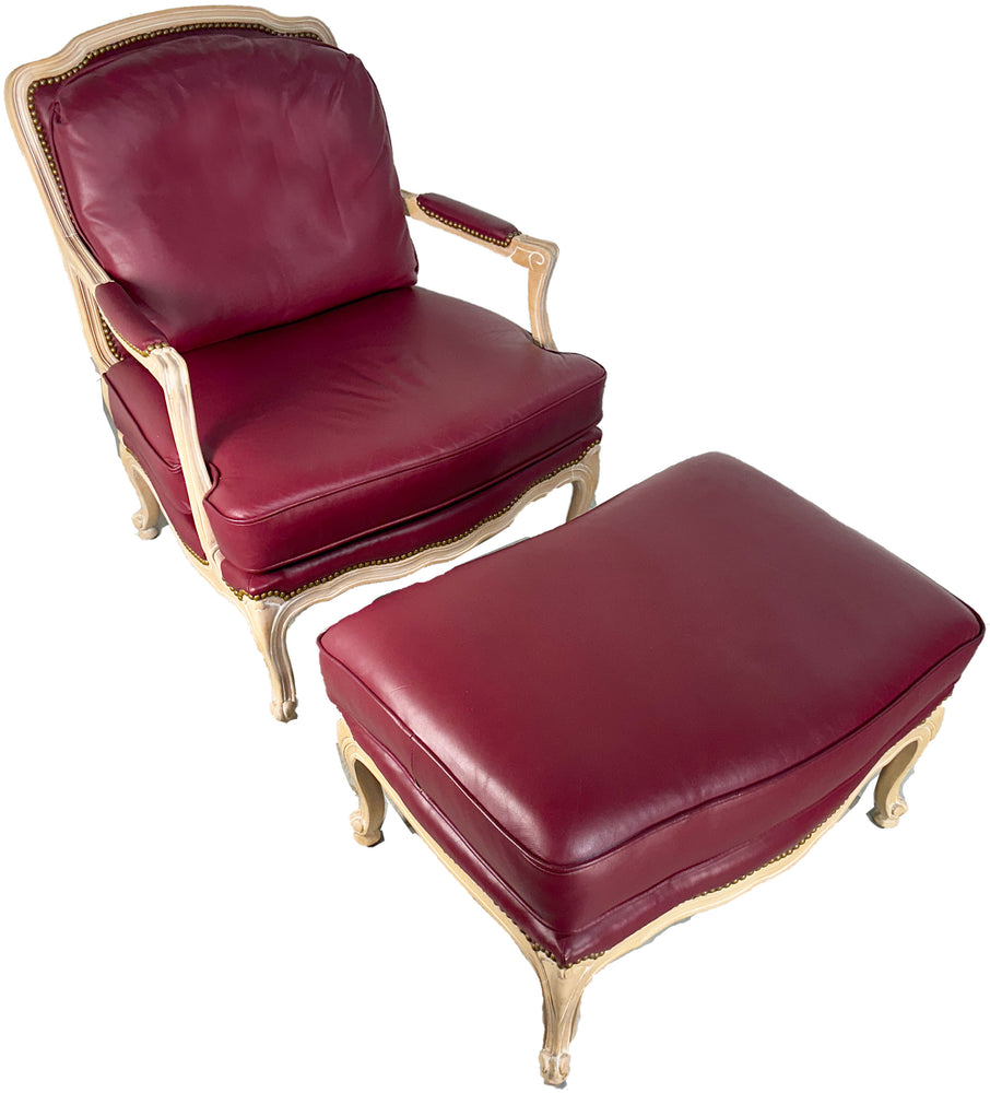 Vintage French Style Red Leather Armchair and Ottoman by Flexsteel