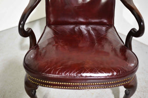 Vintage Queen Anne Style Mahogany Oxblood Leather Library Office Chair