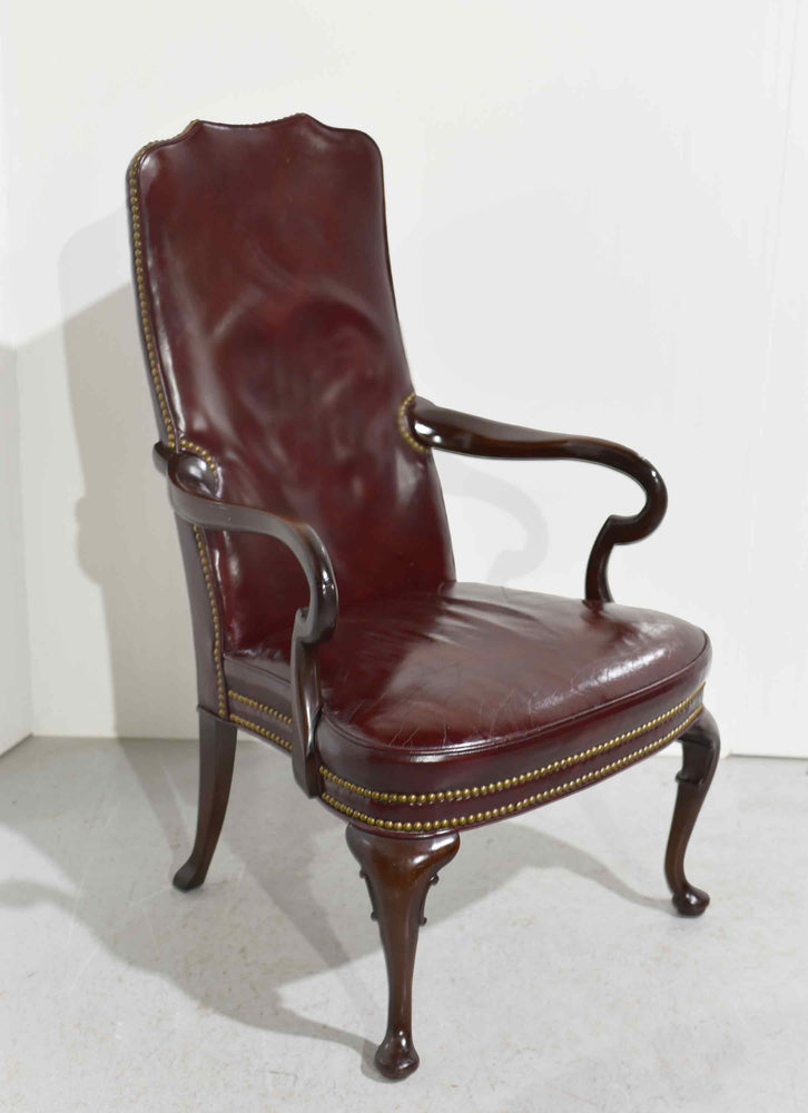 Vintage Queen Anne Style Mahogany Oxblood Leather Library Office Chair