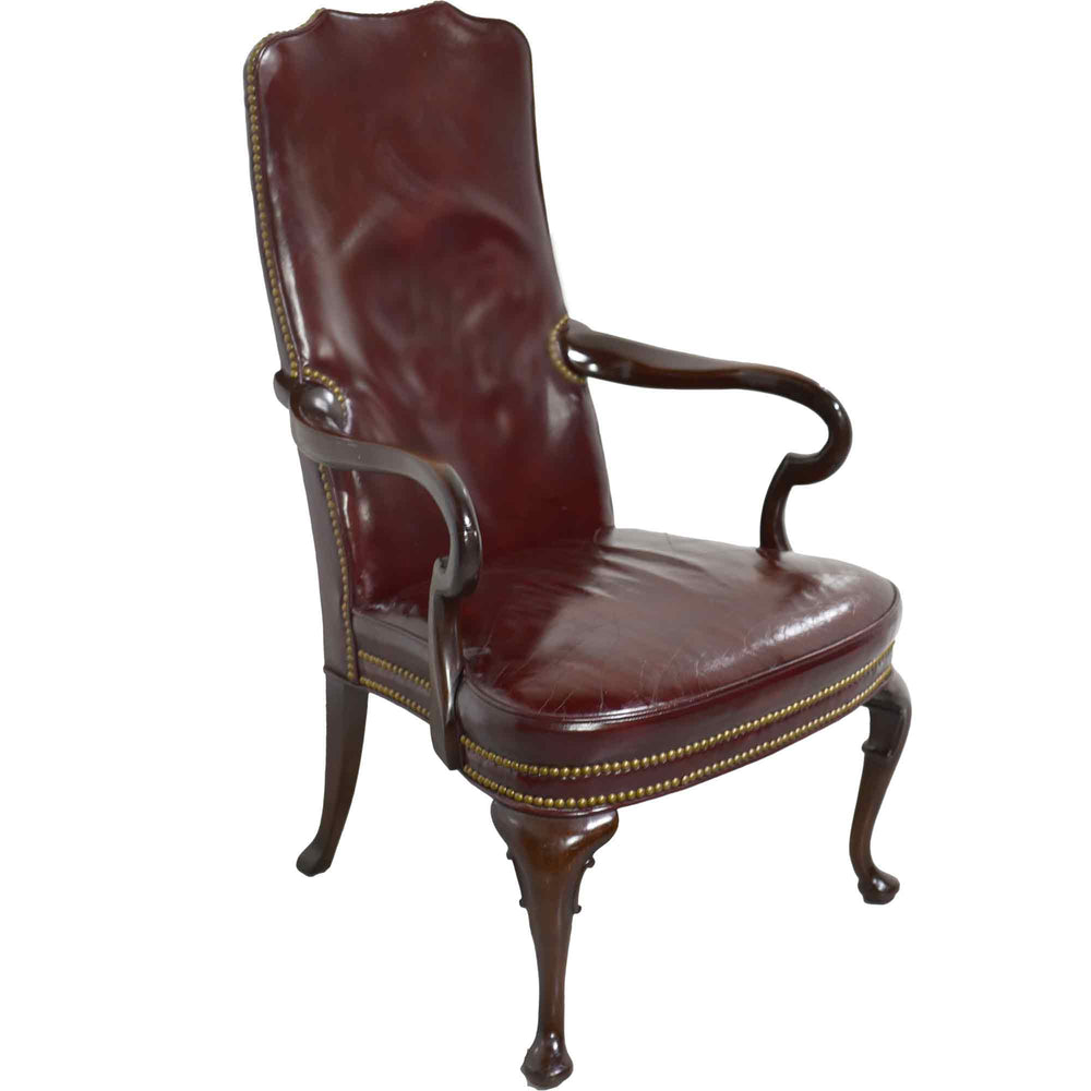 Vintage Queen Anne Style Mahogany Oxblood Leather Library Office Chair