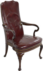 Vintage Queen Anne Style Mahogany Oxblood Leather Library Office Chair